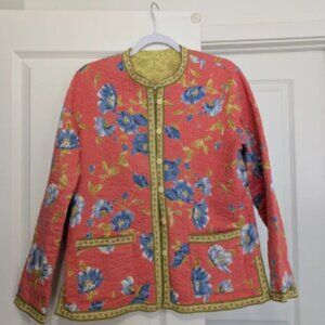 Reversible Eclectic Coral and Blue Floral Quilted Jacket Size Large
